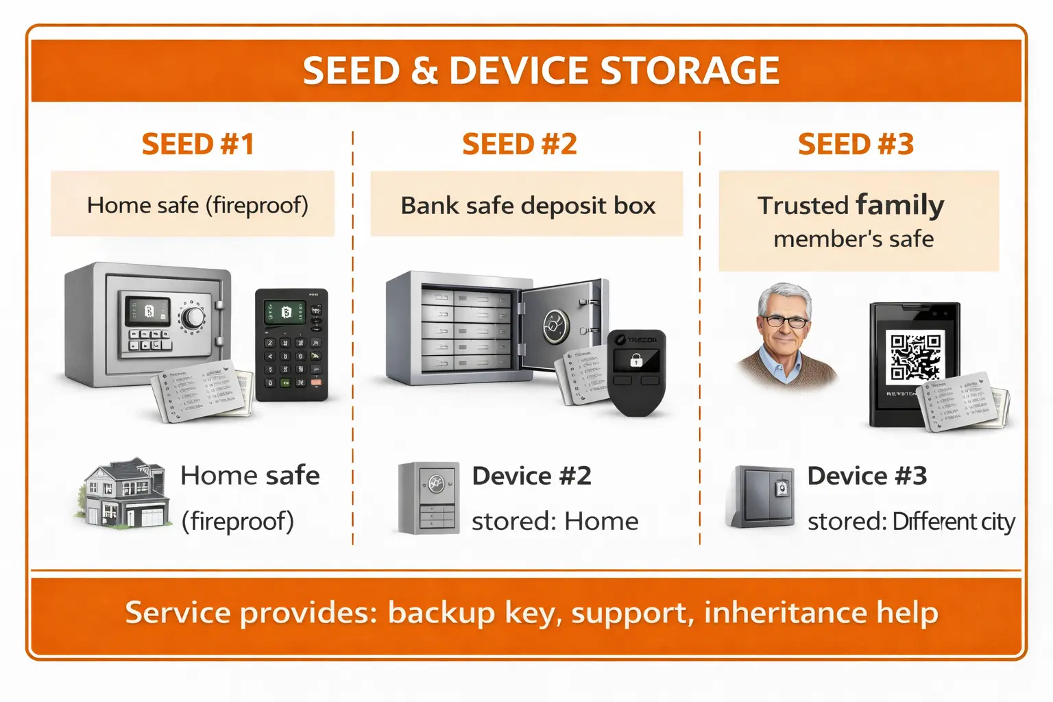 Diagram showing recommended separate storage locations for each seed phrase backup in a 2-of-3 multisig setup