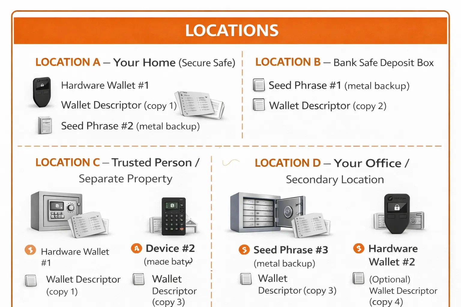 Recommended 2-of-3 multisig storage layout showing geographic separation of seed backups across multiple locations