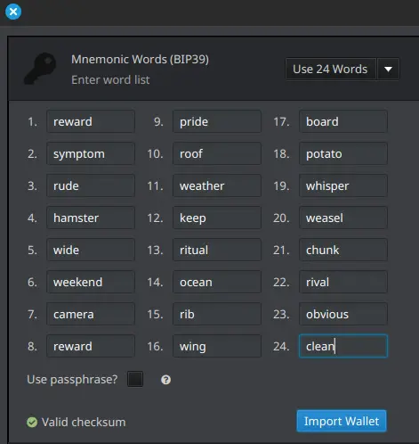 Importing the seed into Sparrow Wallet for verification